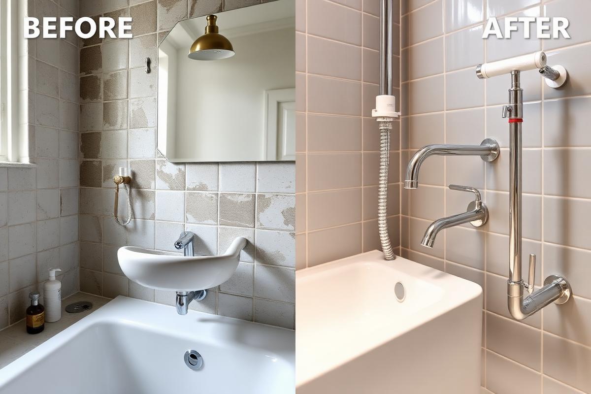 Before and after bathroom plumbing renovation with new fixtures in Fort Lauderdale