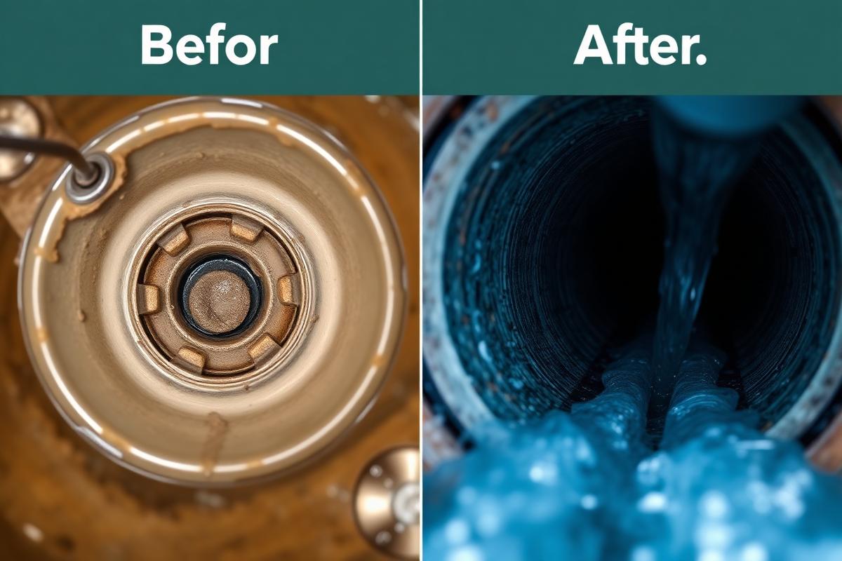 Before and after drain cleaning showing clean flowing plumbing pipe