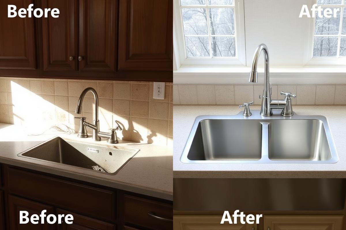 Before and after stainless steel kitchen sink installation by licensed plumber