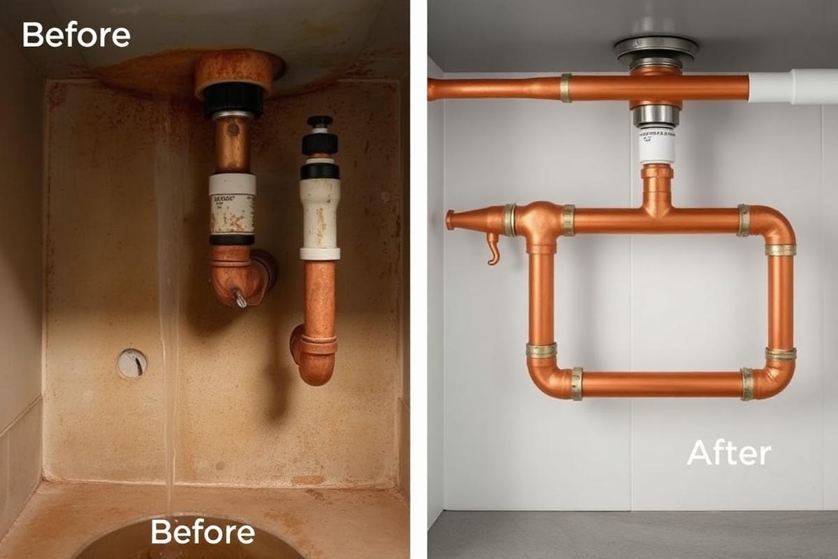 Before and after copper pipe repair under kitchen sink by South Florida plumber