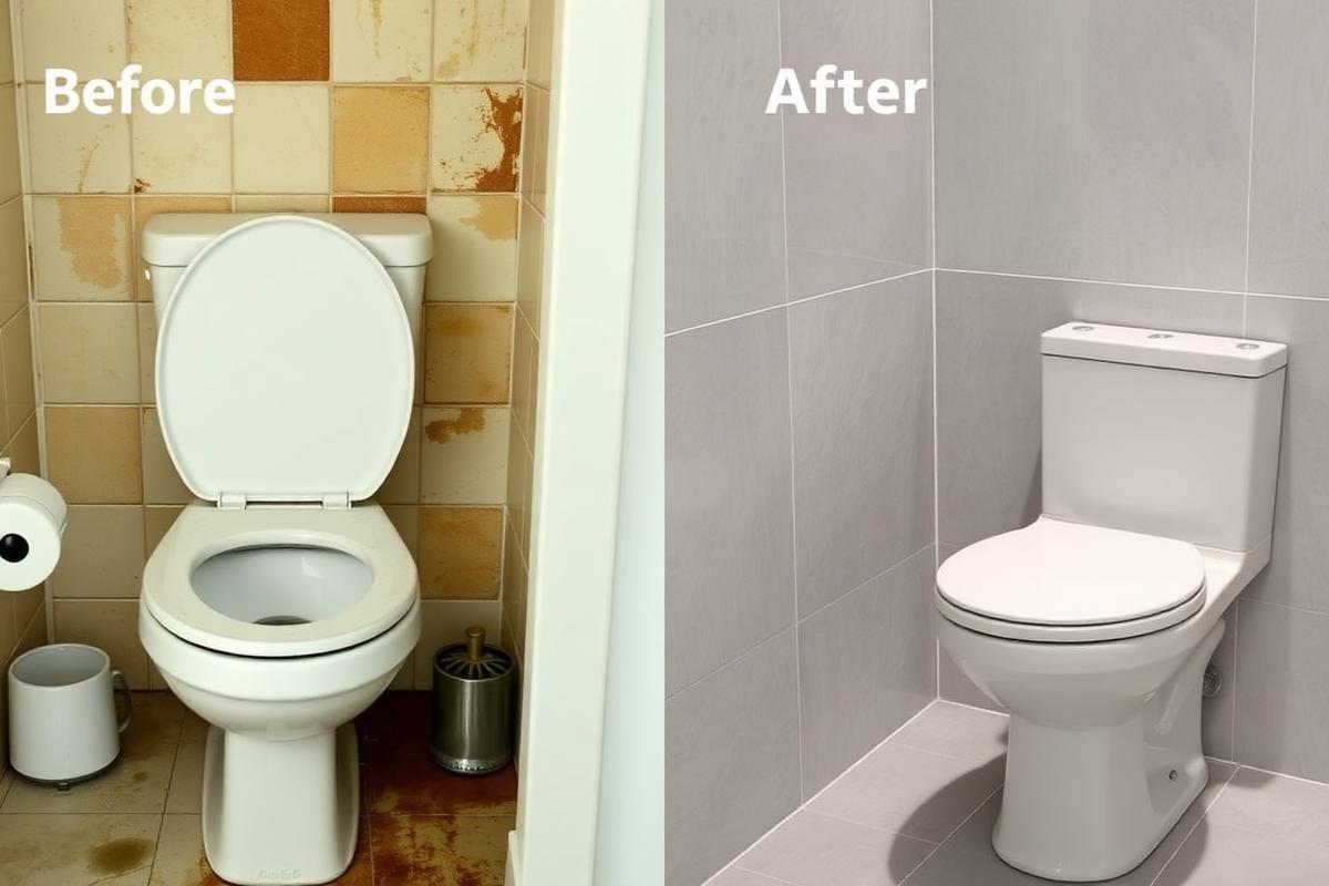 Before and after modern toilet replacement in Miami bathroom remodel